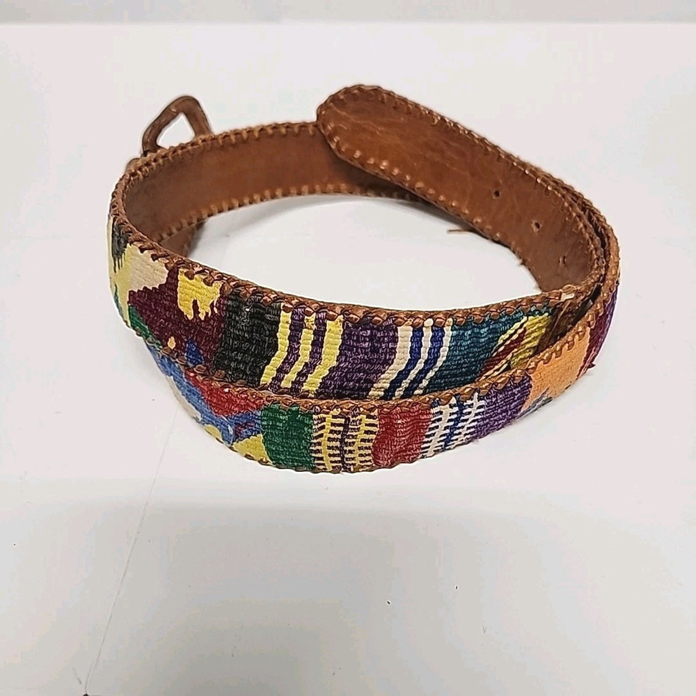 VTG Colorful Guatemalan Hand Woven Embroidered Leather Boho Belt Size 34